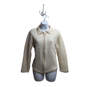 Dressbarn Women's Cream Wool Jacket full zip lined floral embroidery detail L